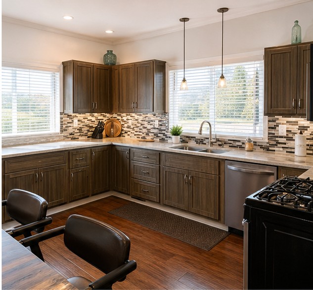 Full kitchen with gas range, dishwasher and bar seating