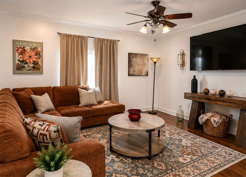 Furnished living room with sectional sofa and smart TV